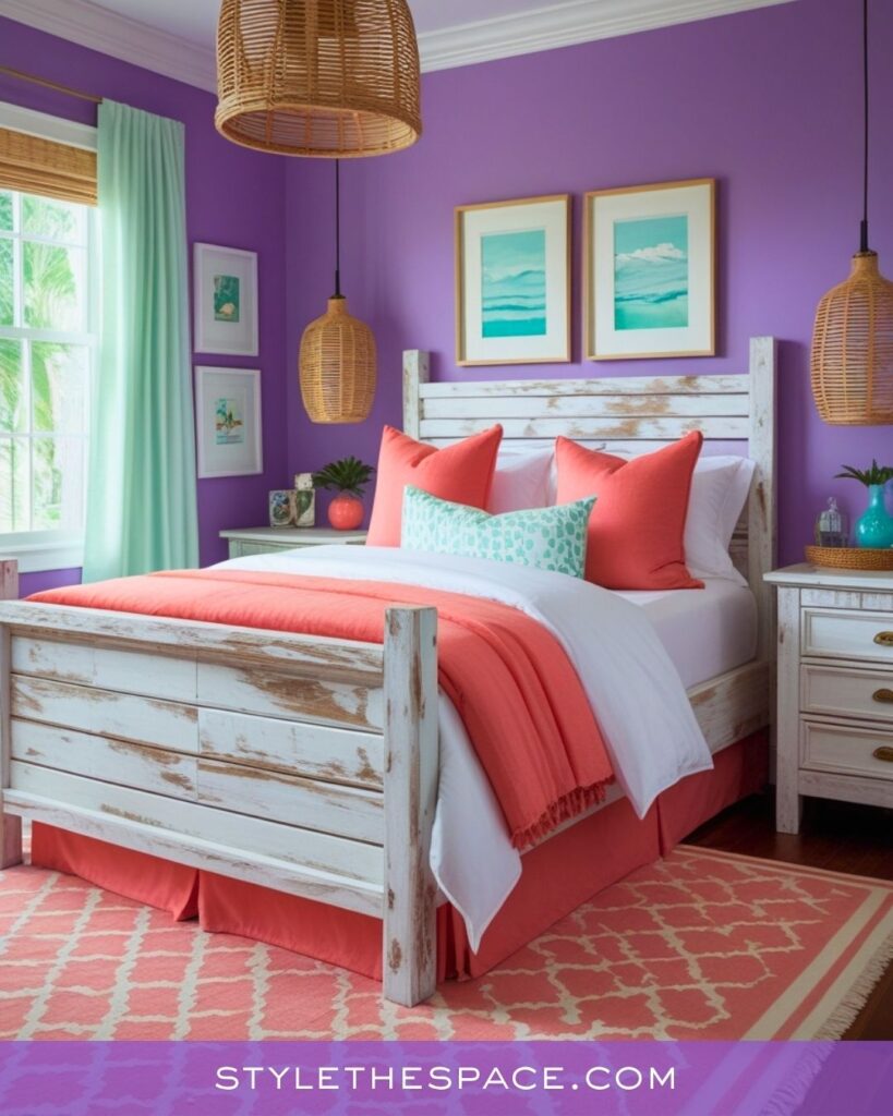 Bright Purple and Coral Coastal Bedroom Idea