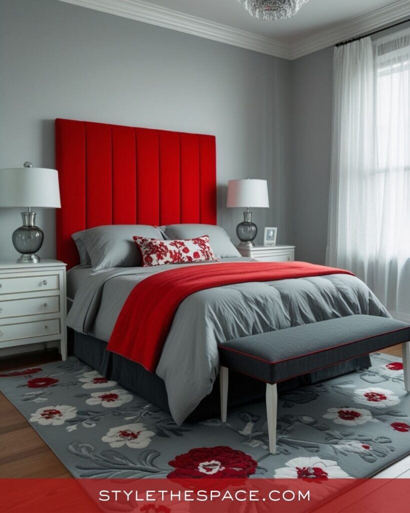 Soft Gray and Red Bedroom