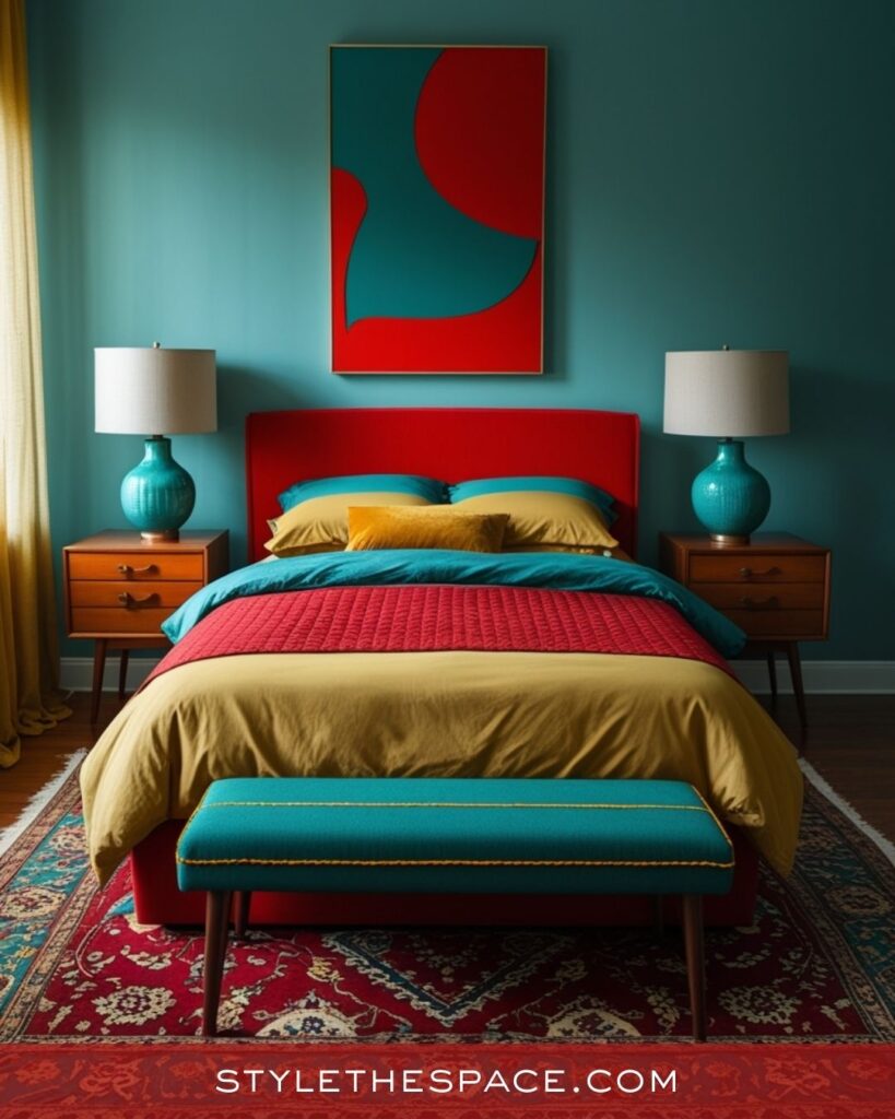 Vibrant Teal and Red Bedroom 
