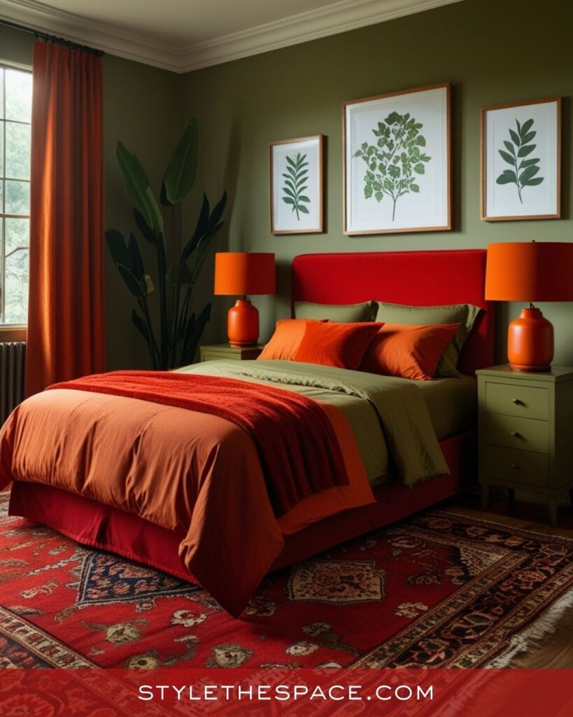 Earthy Olive and Red Bedroom