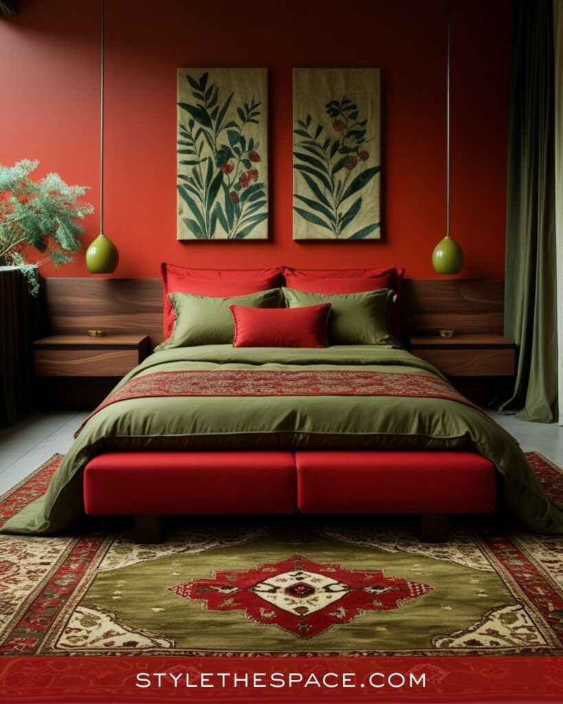 Red and Olive Nature-Inspired Bedroom Design