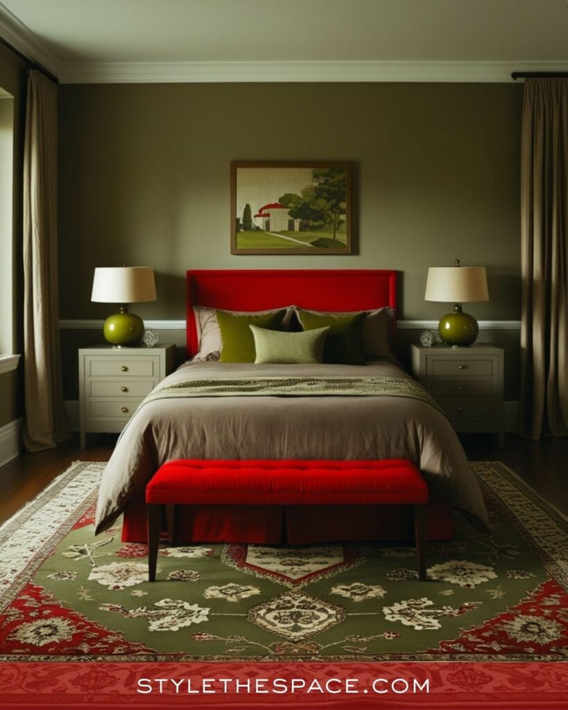 Red and Olive Transitional Bedroom Inspiration