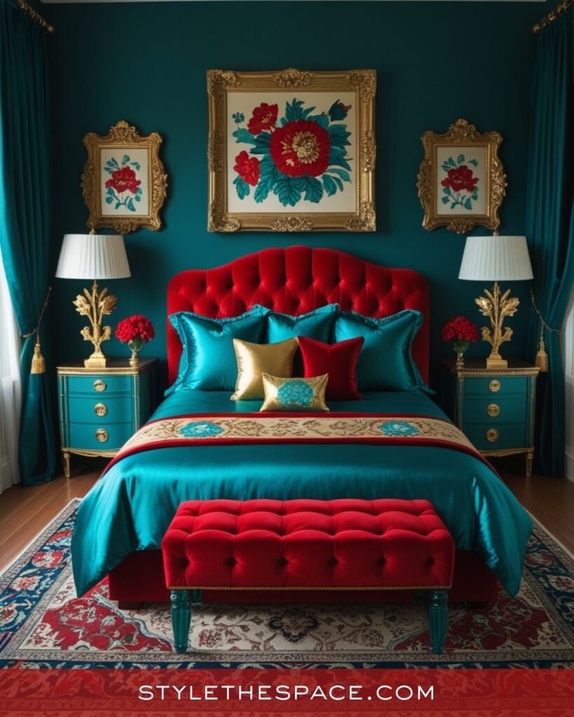 Teal and Red Luxe Bedroom