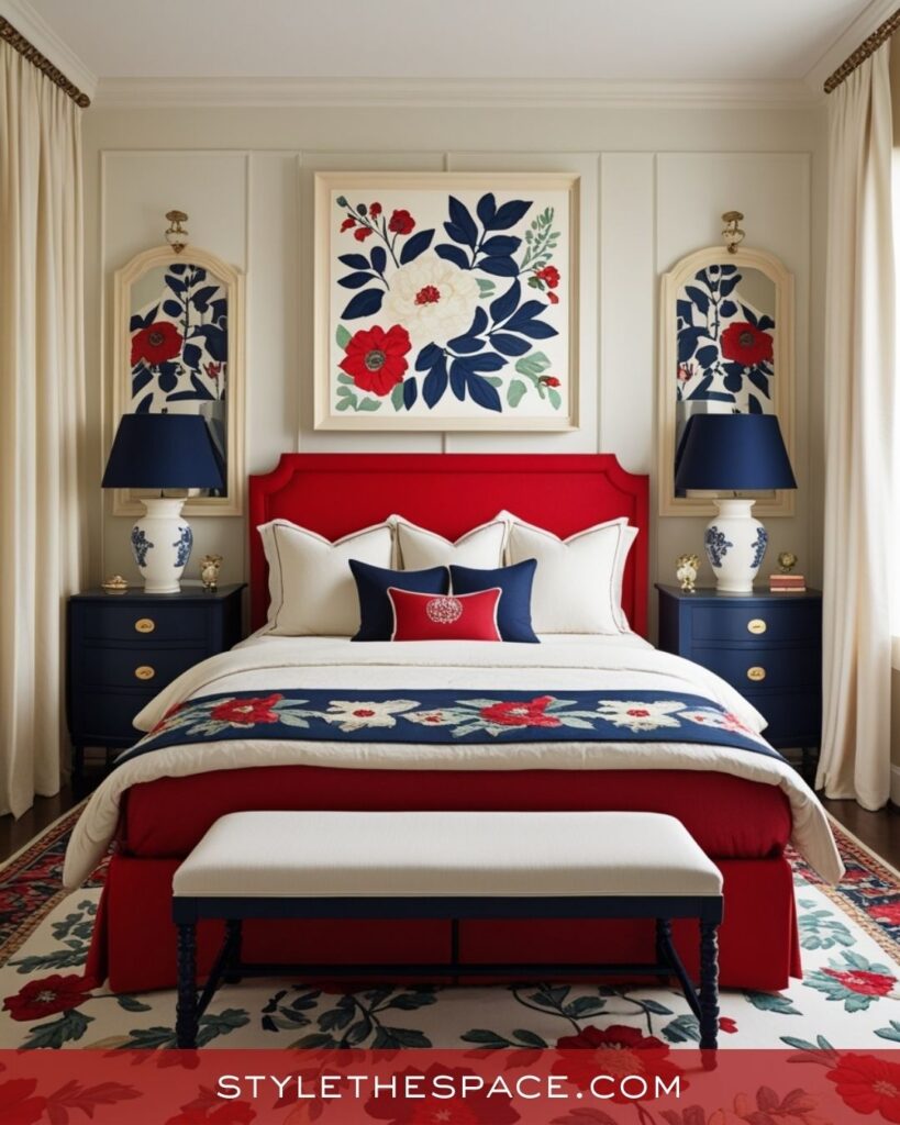 Classic Red, Navy, and Cream Bedroom Design