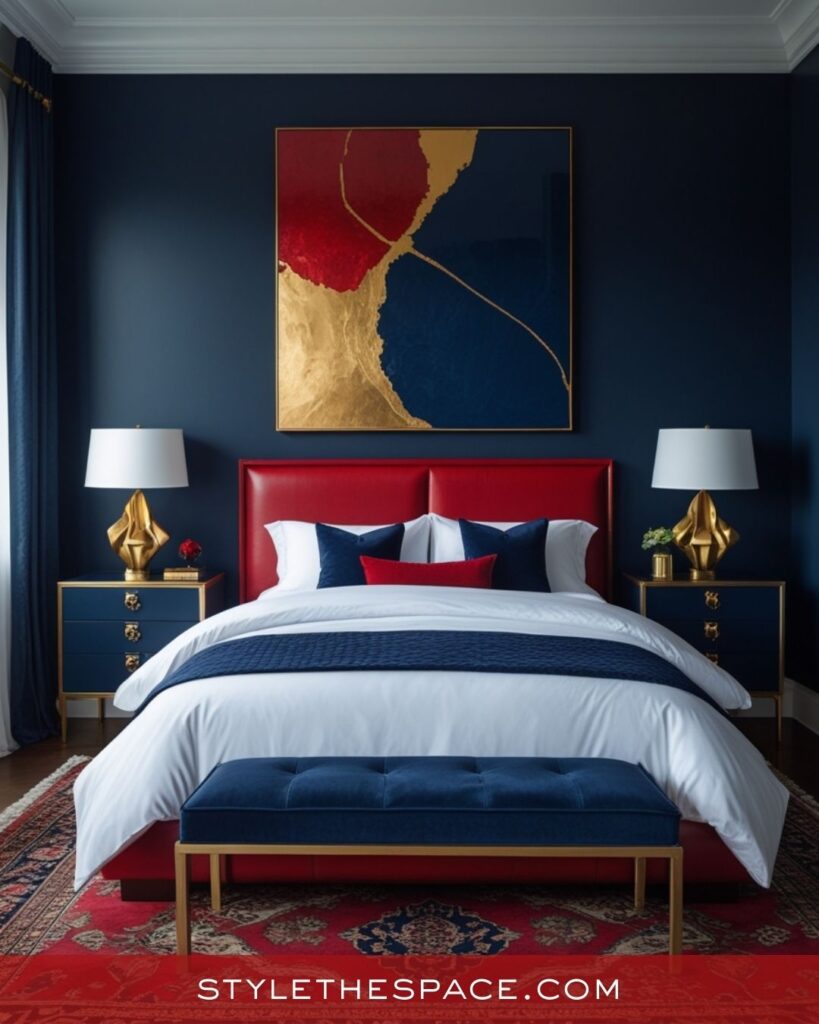 Modern Red and Navy Luxe Bedroom