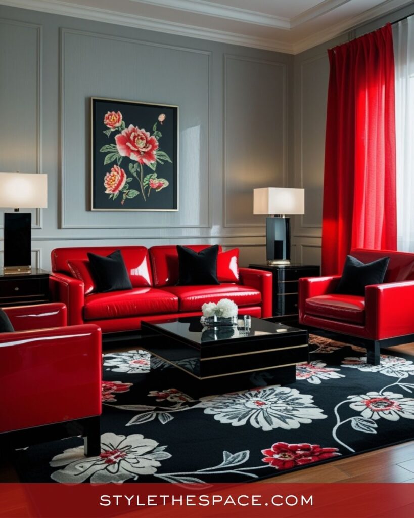 Sleek Red Living Room With Black and Grey Contrast