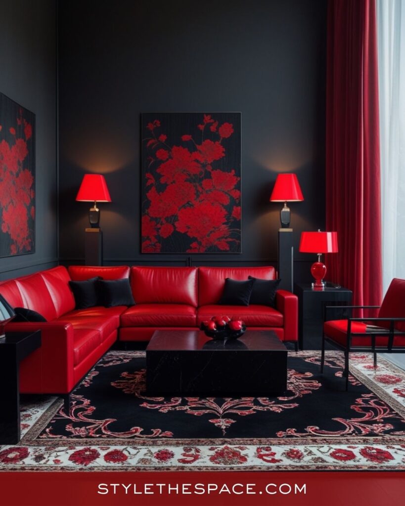 Dramatic Red Living Room With Bold Black Accents