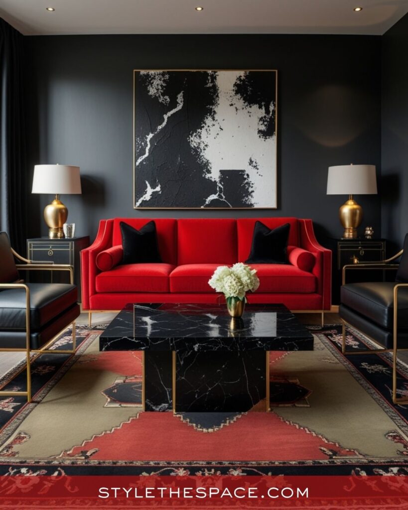 Modern Red Living Room With Bold Black Contrast