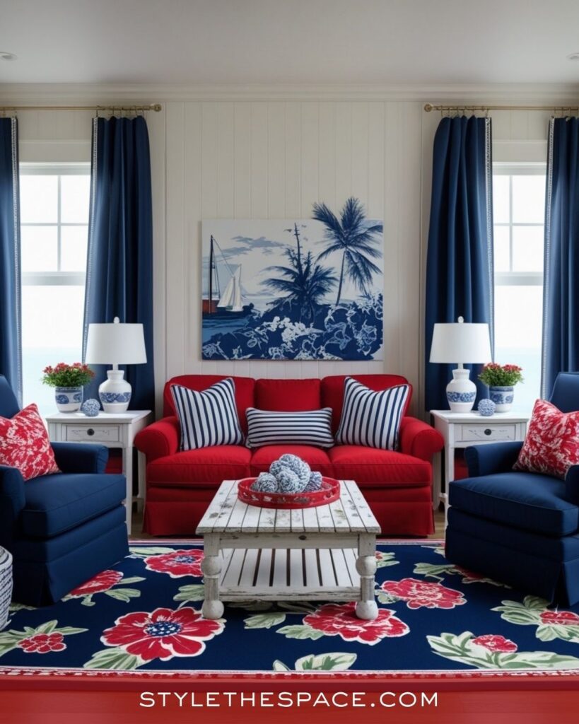 Coastal Red Living Room With Navy and White Accents