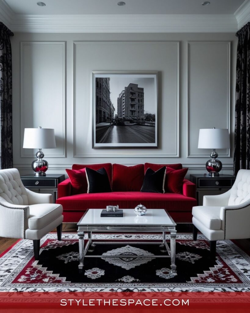 Elegant Red Living Room With Black and White Contrast