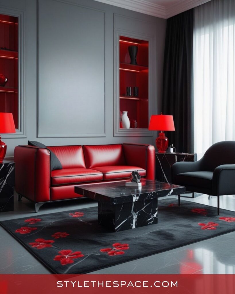Contemporary Red Living Room With Sleek Grey Styling