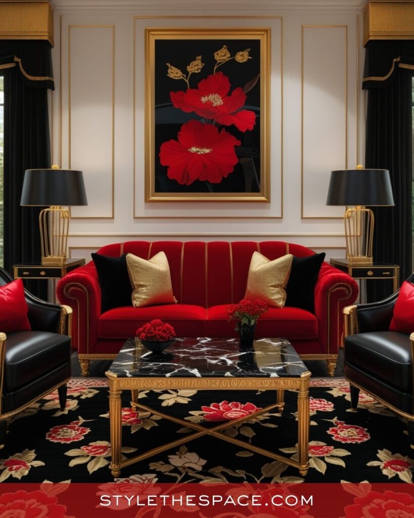 Luxurious Red Living Room With Gold and Black Accents