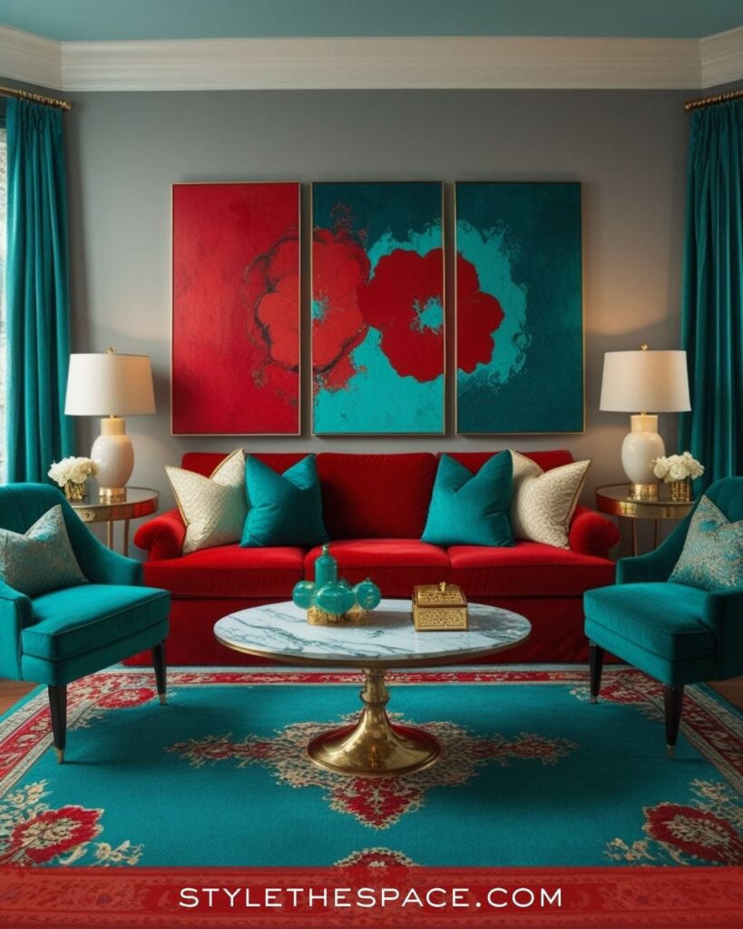 Bold Red and Teal Living Room Design