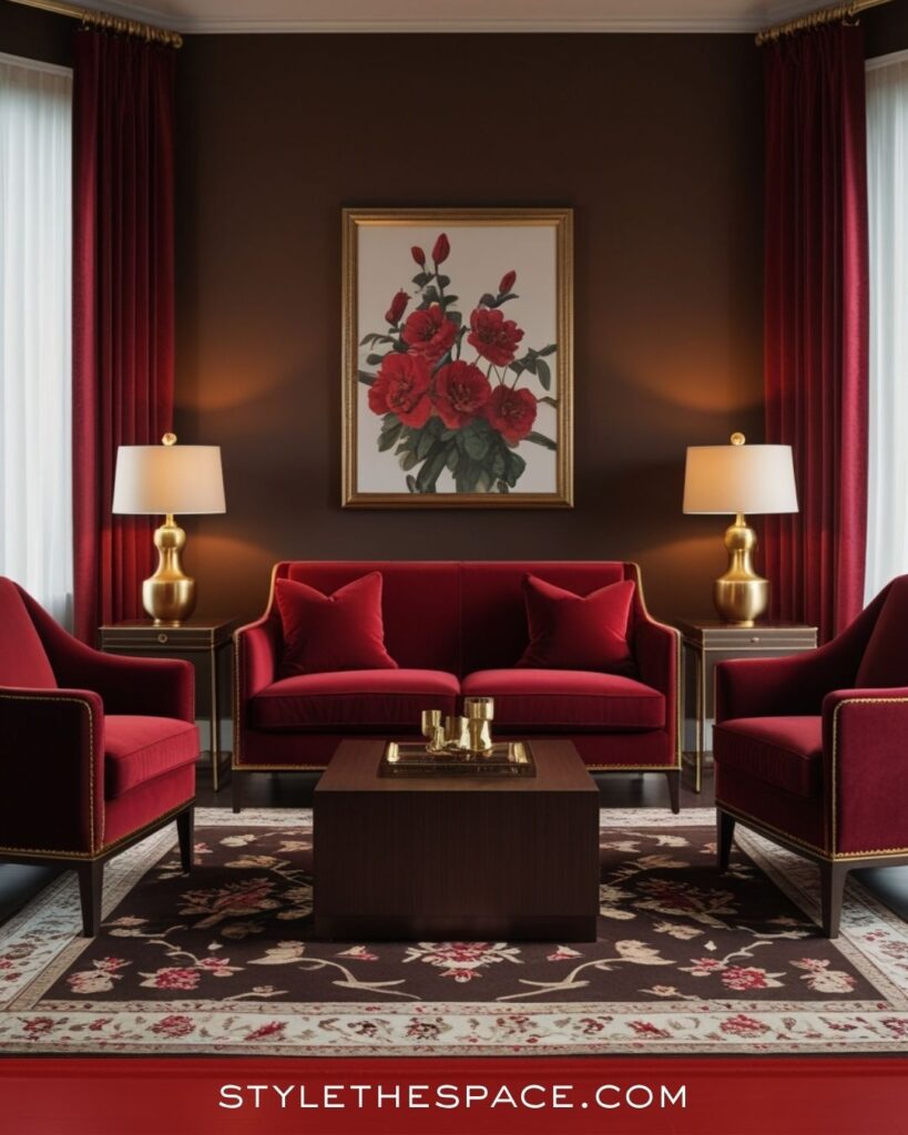 Sophisticated Red Living Room With Rich Brown Accents