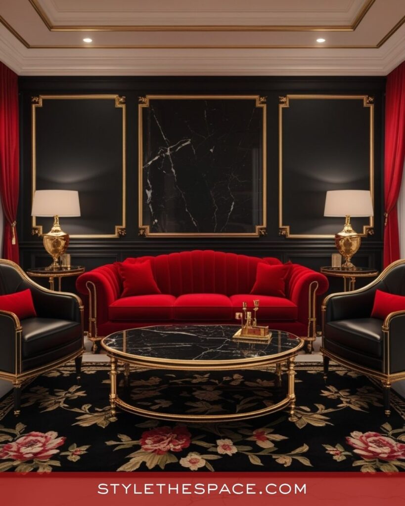 Grand Red Living Room With Black and Gold Elegance
