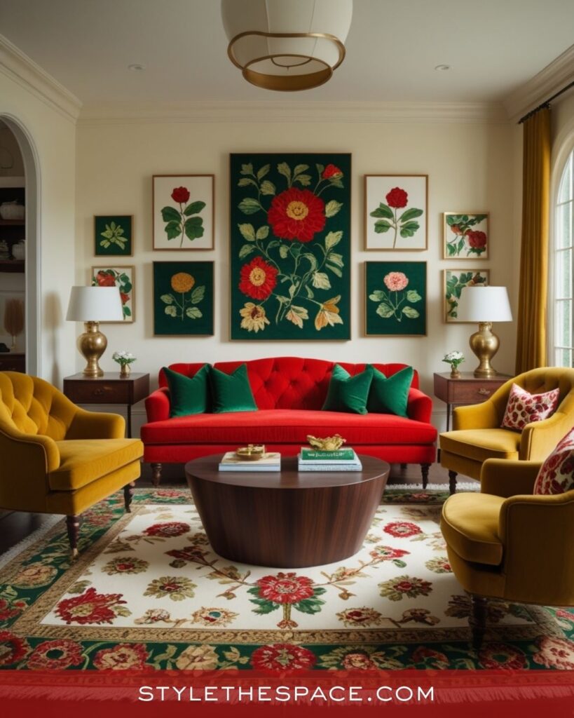 Cheerful Red Living Room With Green and Yellow Accents