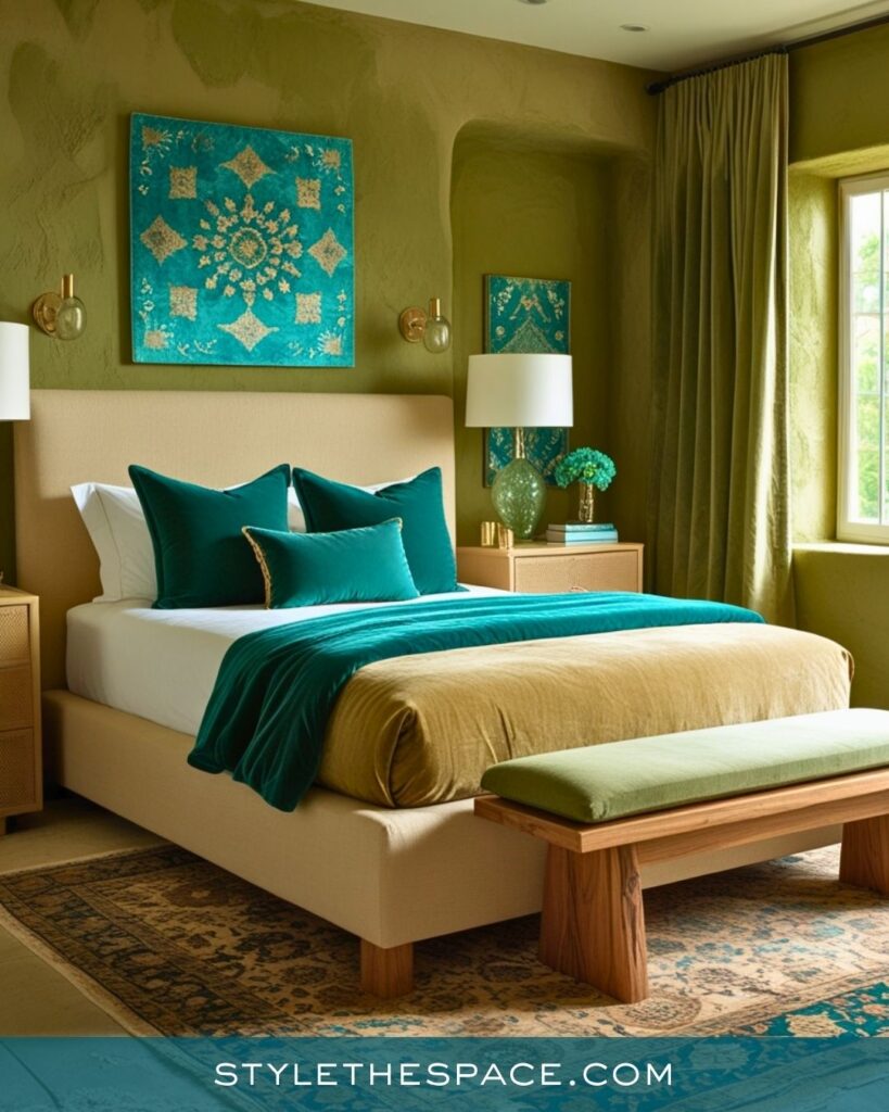 Teal and Olive Green Bedroom With Earthy, Stylish Warmth