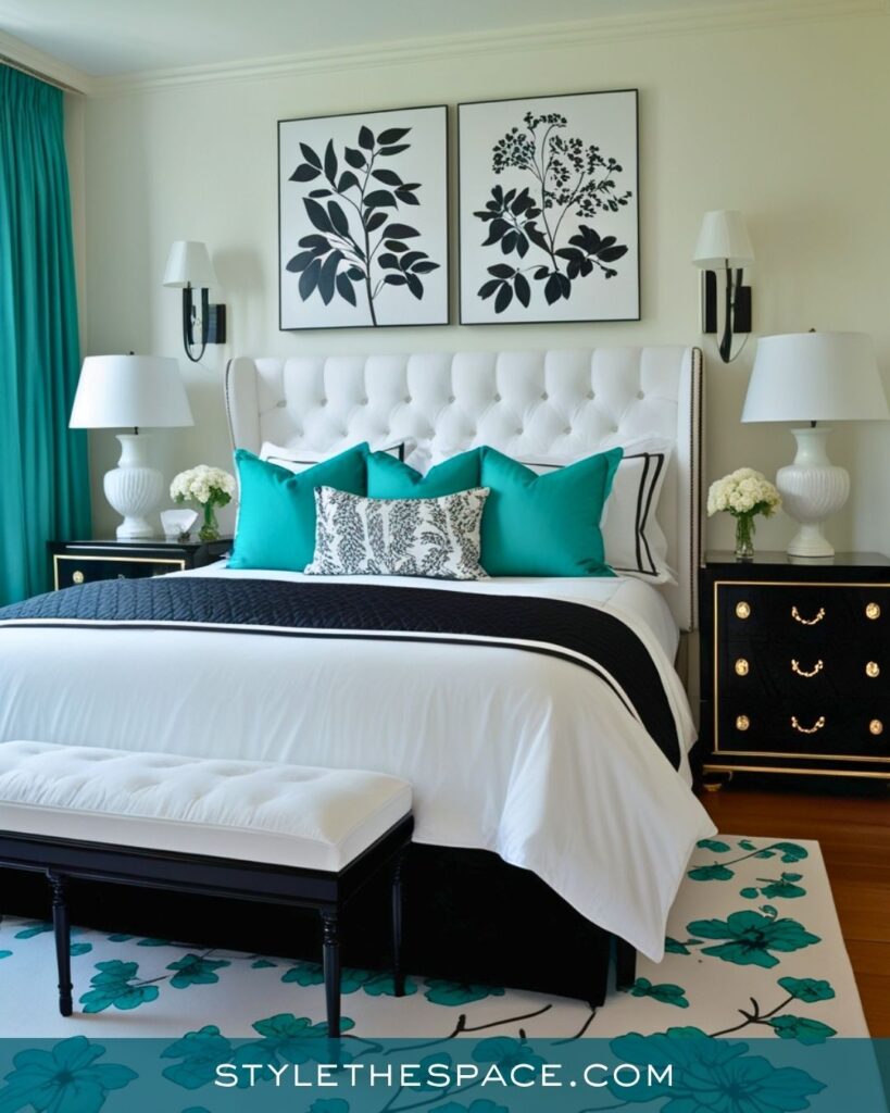 Teal and Black Bedroom With Crisp Modern Contrast