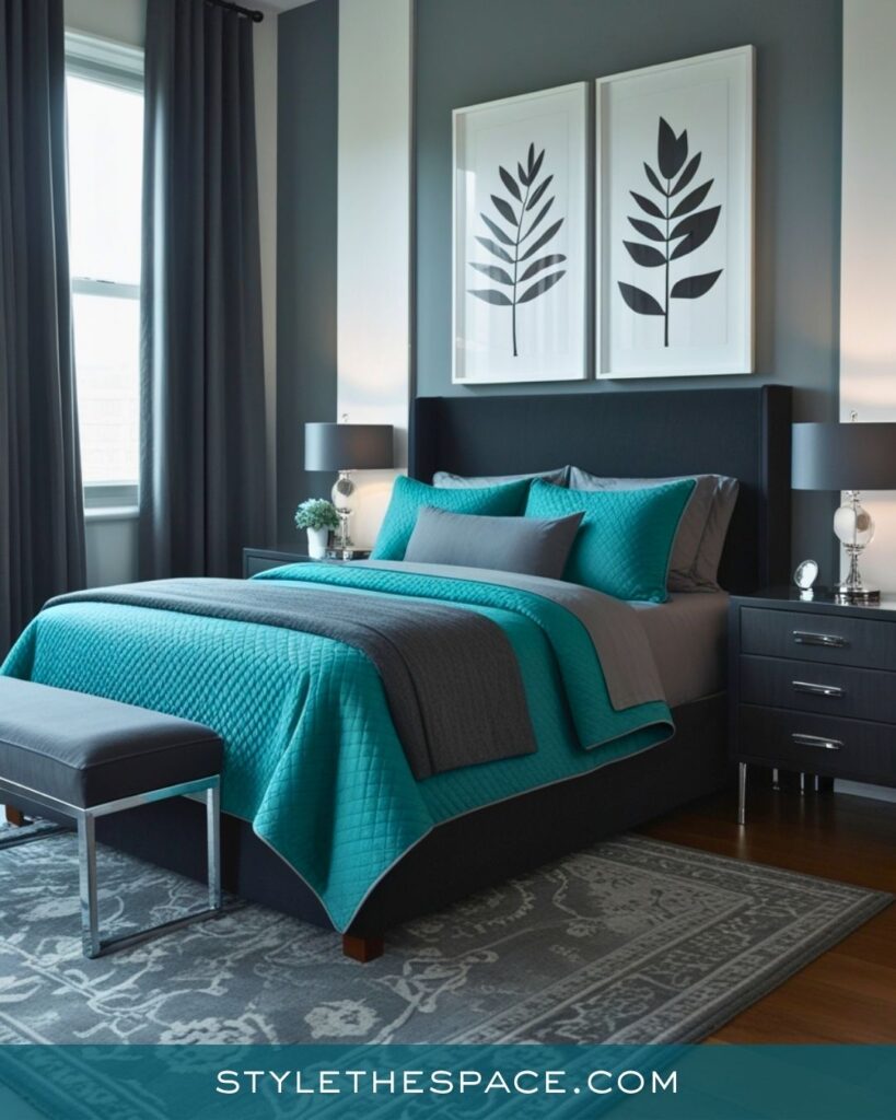 Teal and Charcoal Bedroom With Sleek Modern Style