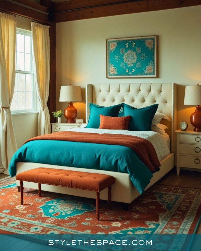 Teal and Burnt Orange Bedroom With Warm Rustic Charm