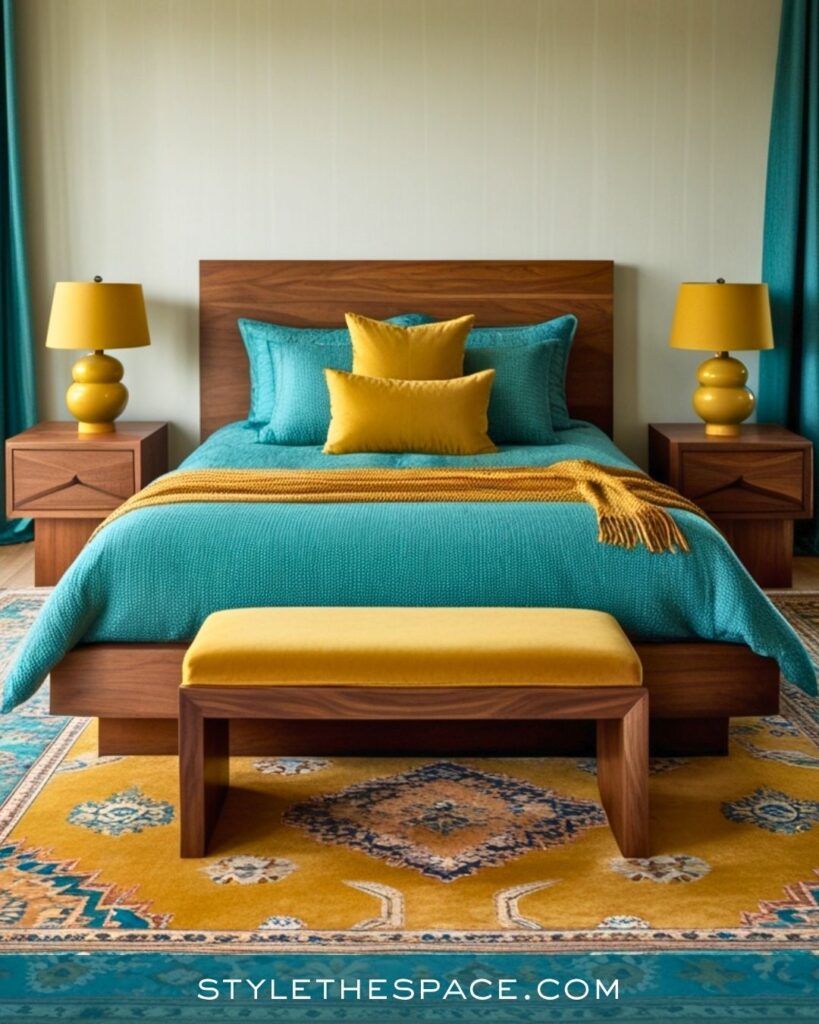 Teal and Mustard Bedroom With Bold Mid-Century Style