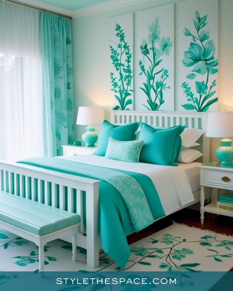 Bright Teal and White Bedroom With Fresh Botanical Charm