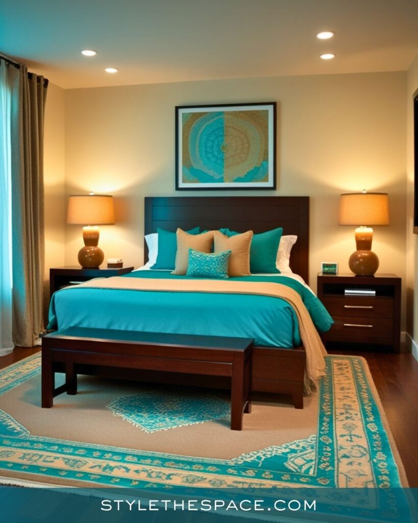 Teal and Tan Bedroom With Warm Modern Comfort