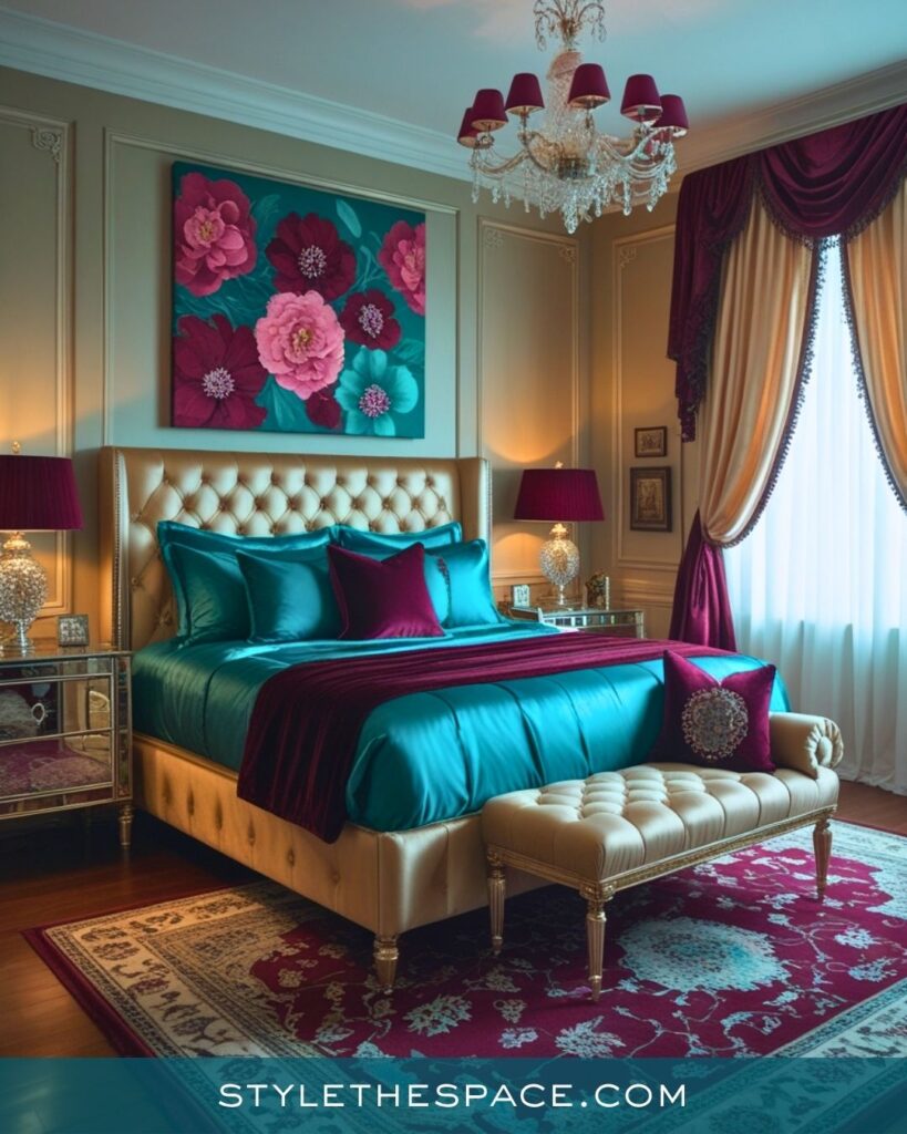 Teal and Burgundy Bedroom With Luxurious Classic Style