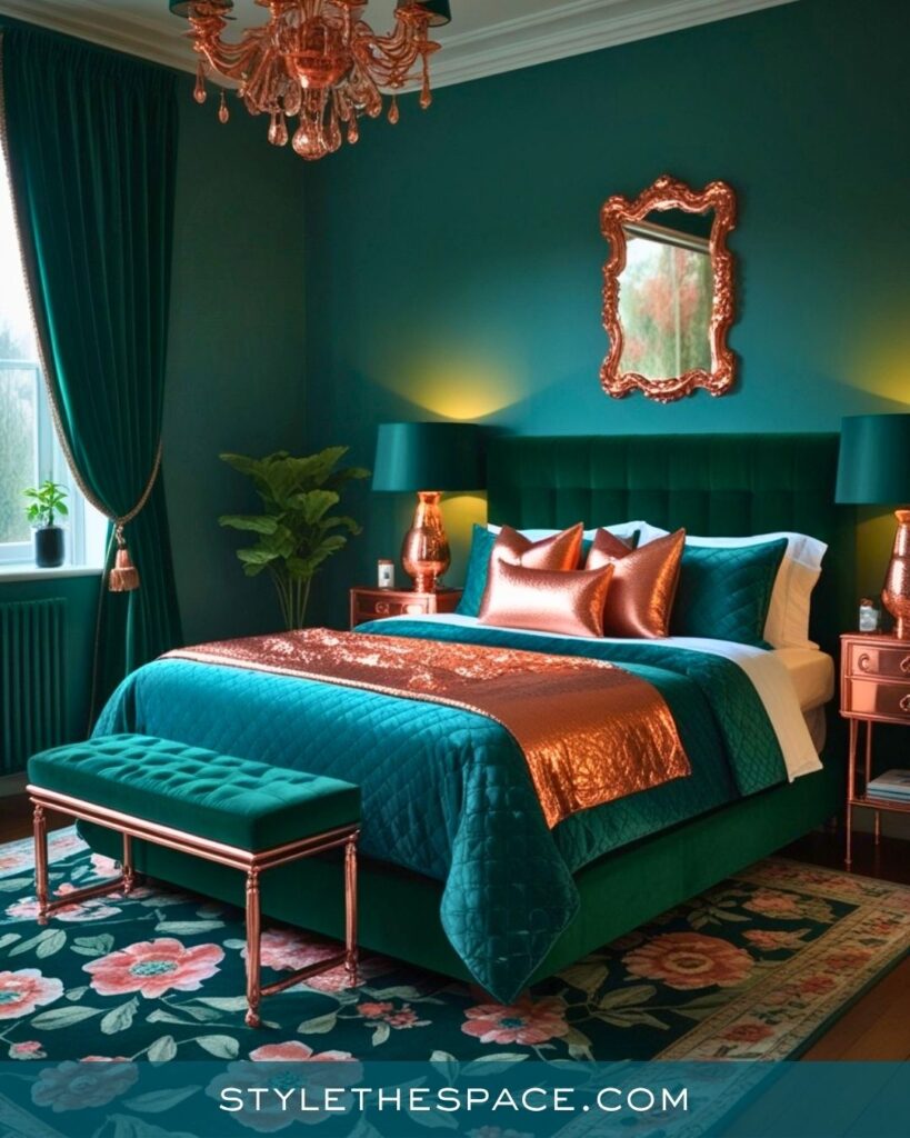 Teal and Copper Bedroom With Rich, Glamorous Style