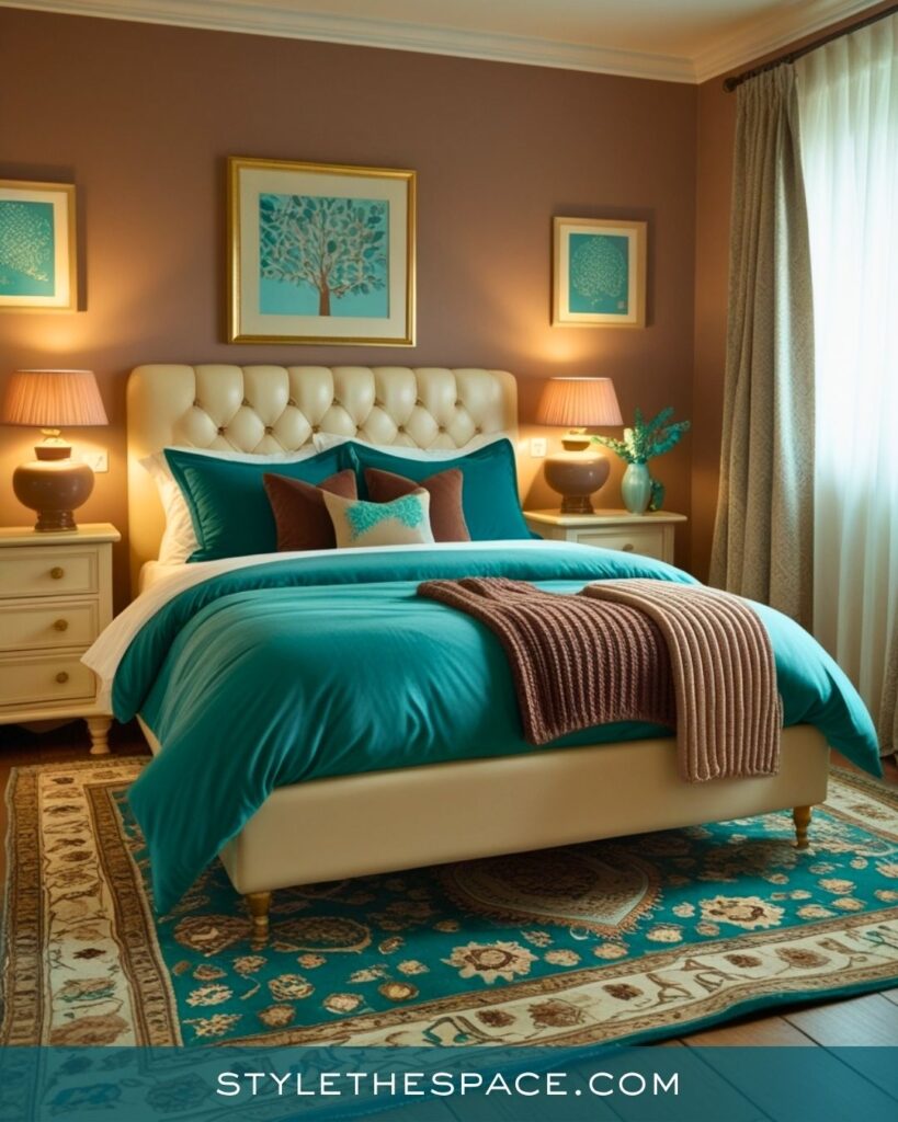 Teal and Brown Bedroom With Cozy, Elegant Warmth