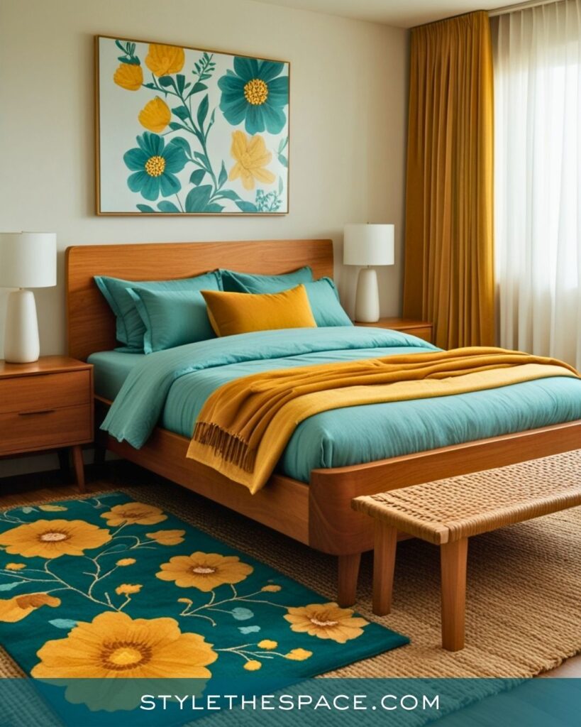 Teal and Mustard Bedroom With Warm Modern Style