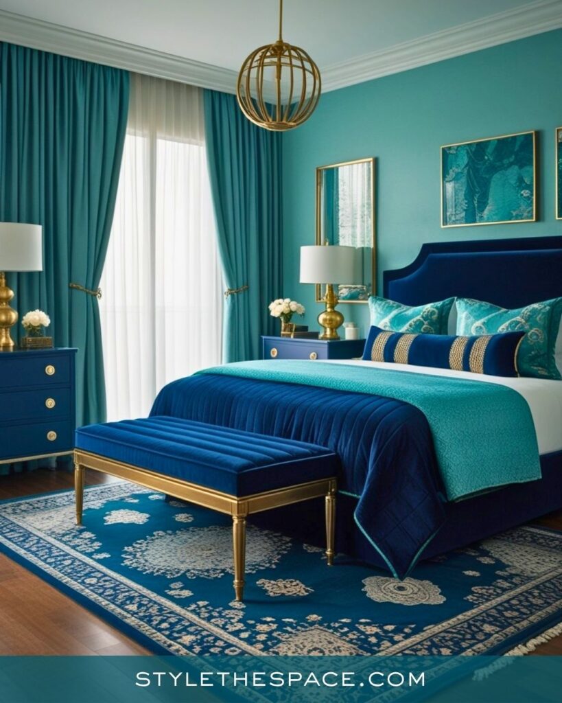 Teal and Navy Bedroom With Luxe Gold Accents