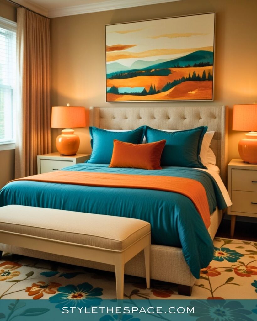 Teal and Orange Bedroom With Warm, Vibrant Style