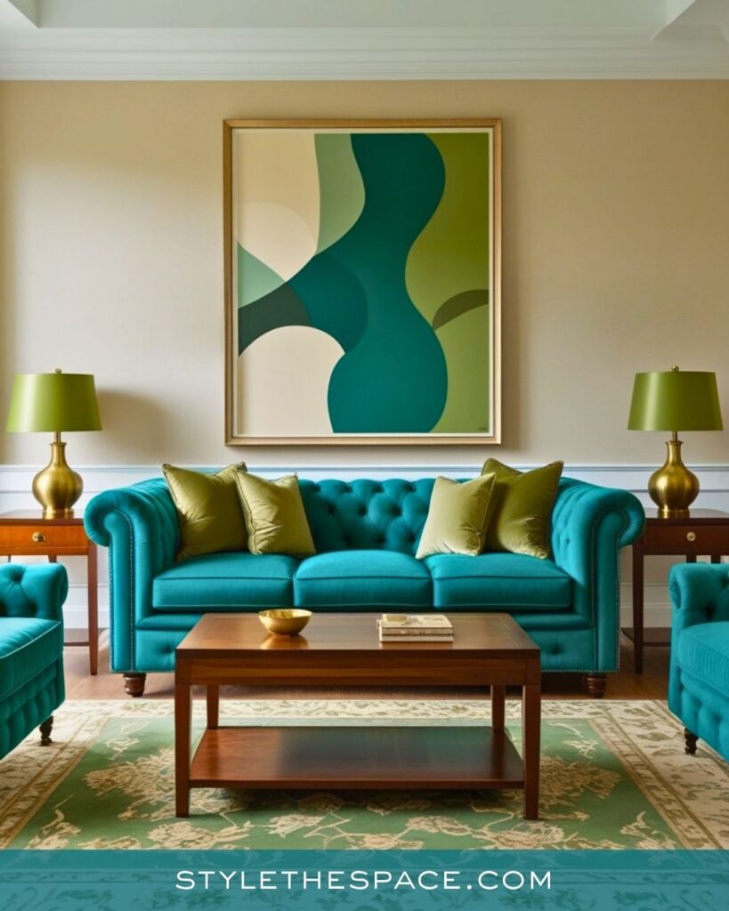 Classic Teal Living Room With Green Accents