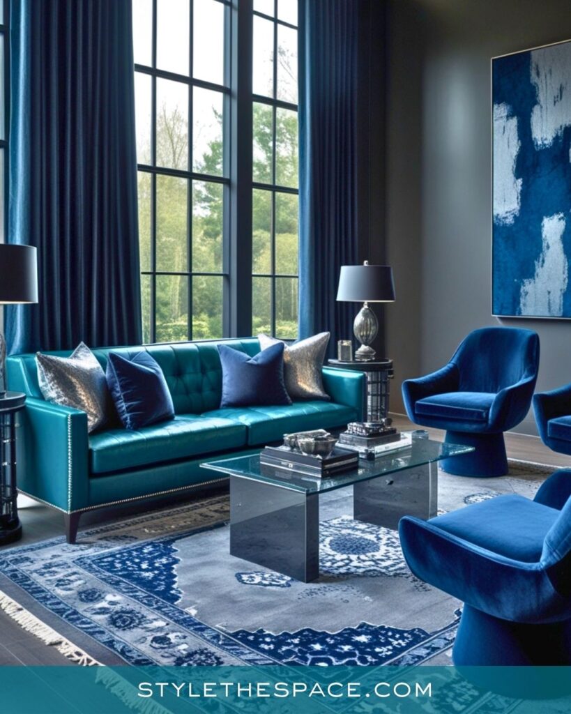 Teal and Navy Modern Living Room Design
