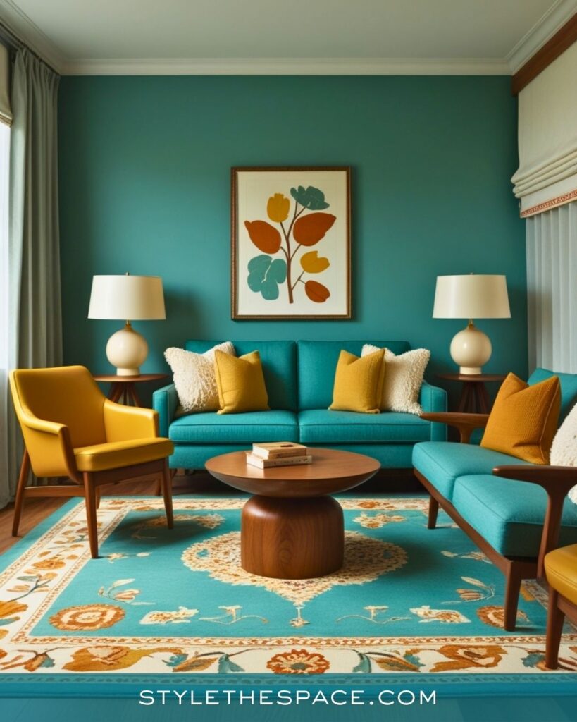 Teal and Mustard Mid-Century Living Room Idea