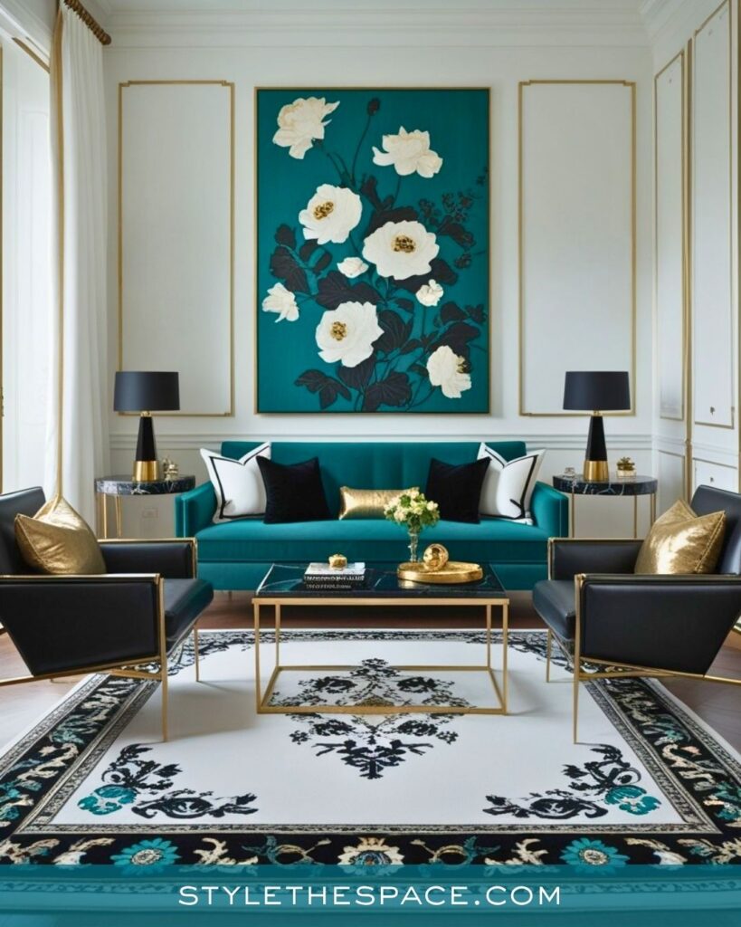 Elegant Teal and Gold Living Room Design