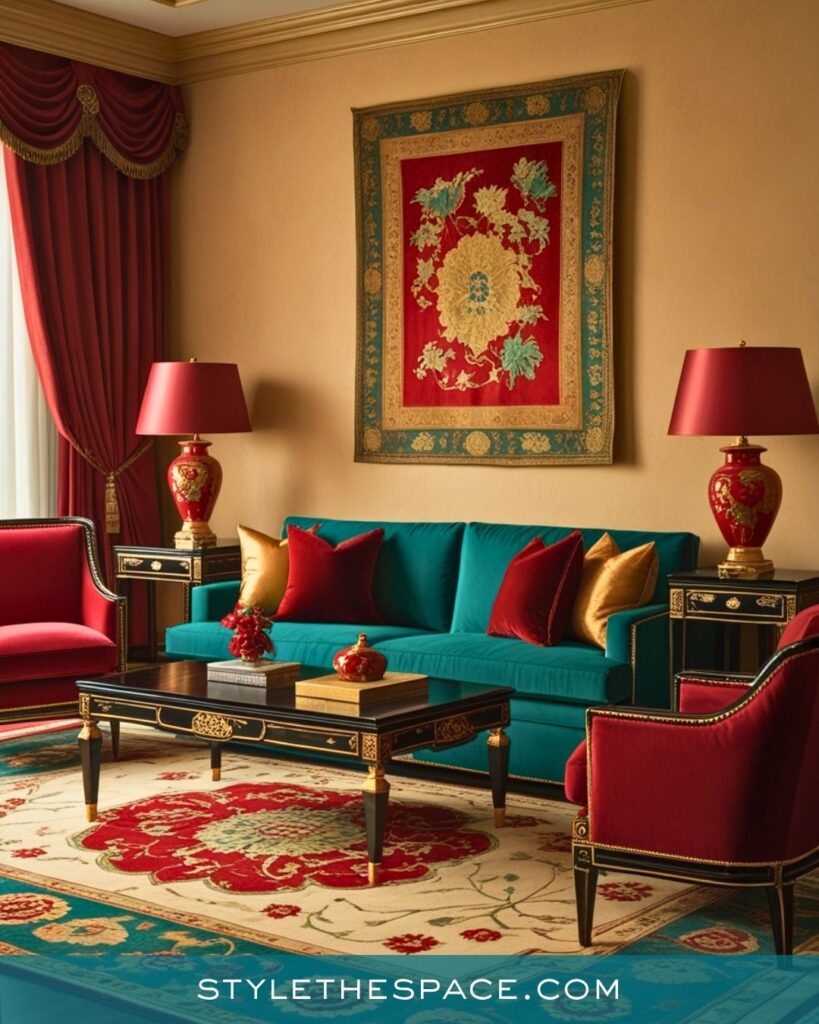 Teal and Red Traditional Living Room Style