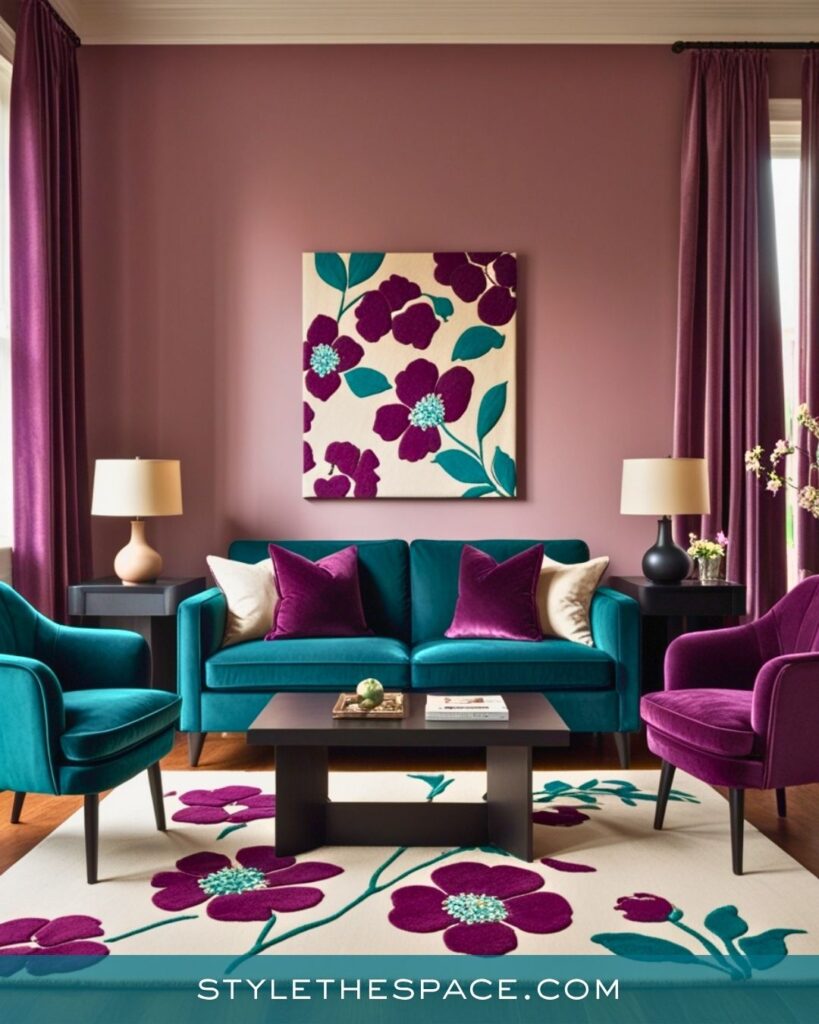 Teal and Plum Floral Living Room Style
