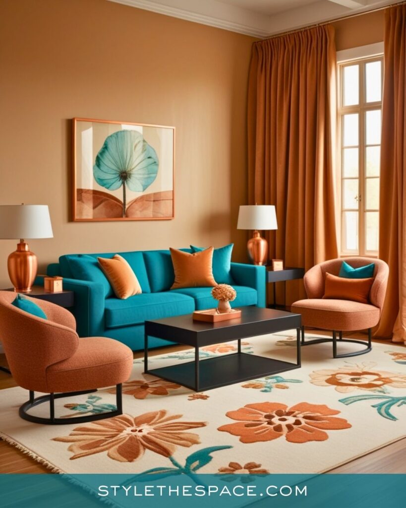 Teal and Burnt Orange Living Room Inspiration