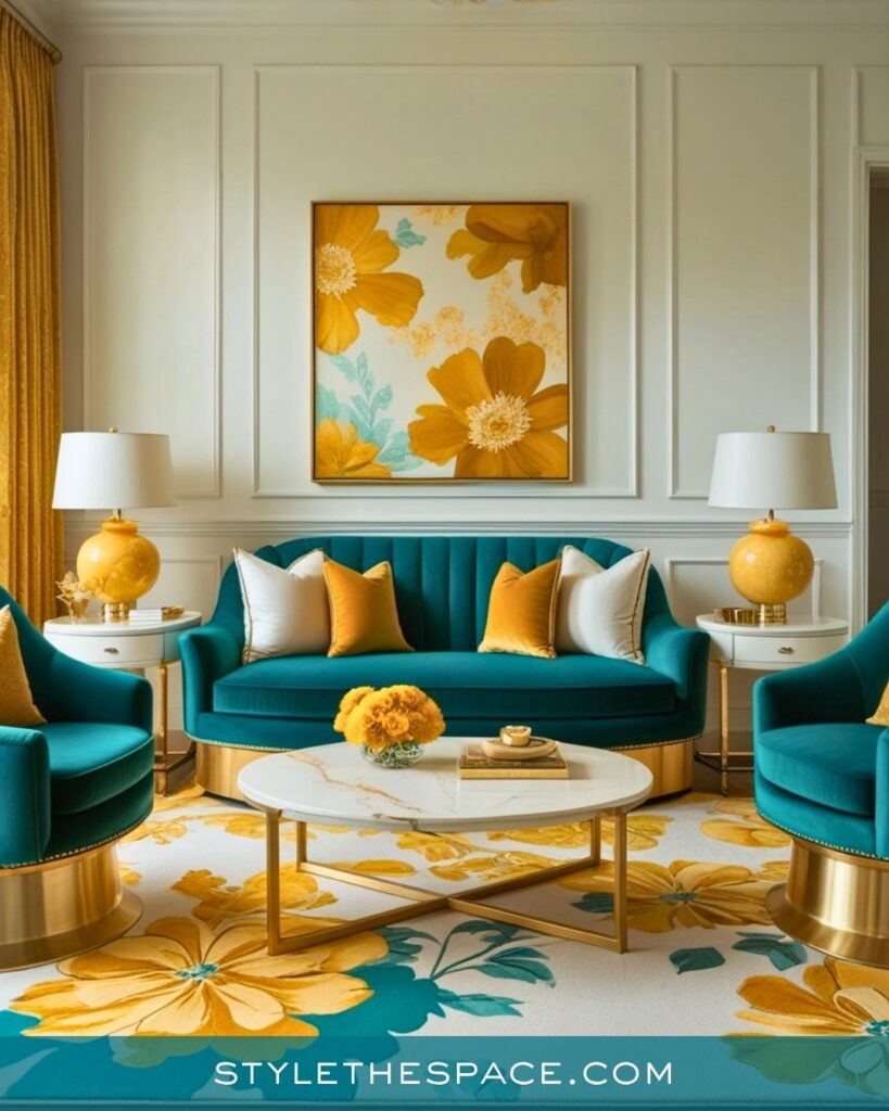 Teal and Mustard Floral Living Room Style