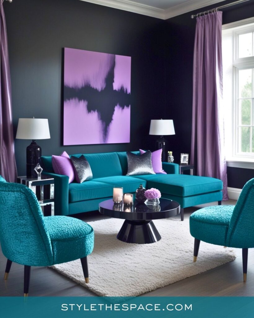 Teal and Lavender Modern Glam Living Room