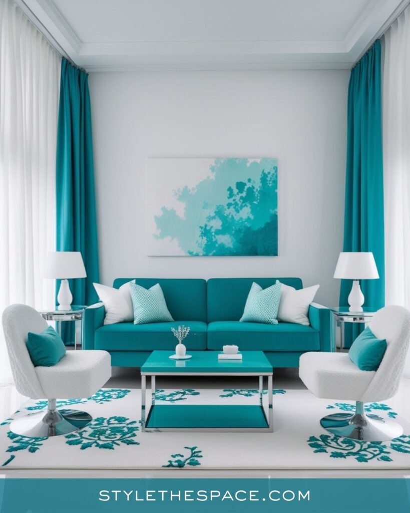 Bright Teal and White Minimalist Living Room
