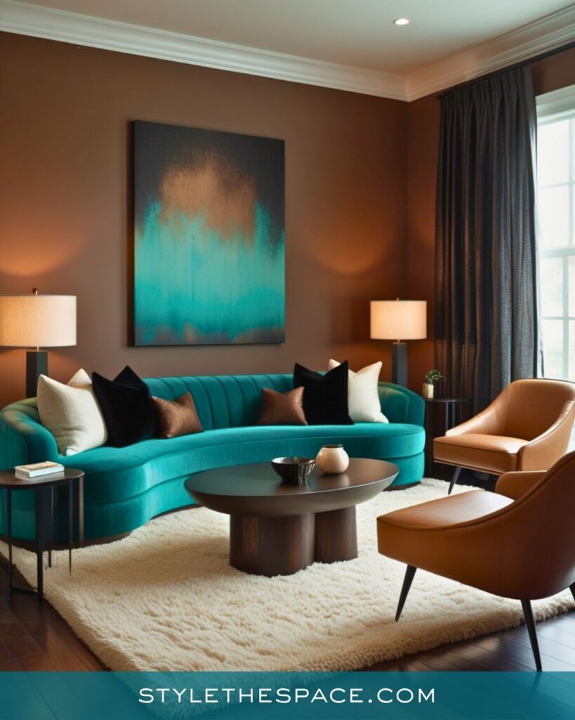Teal and Cognac Modern Living Room Idea