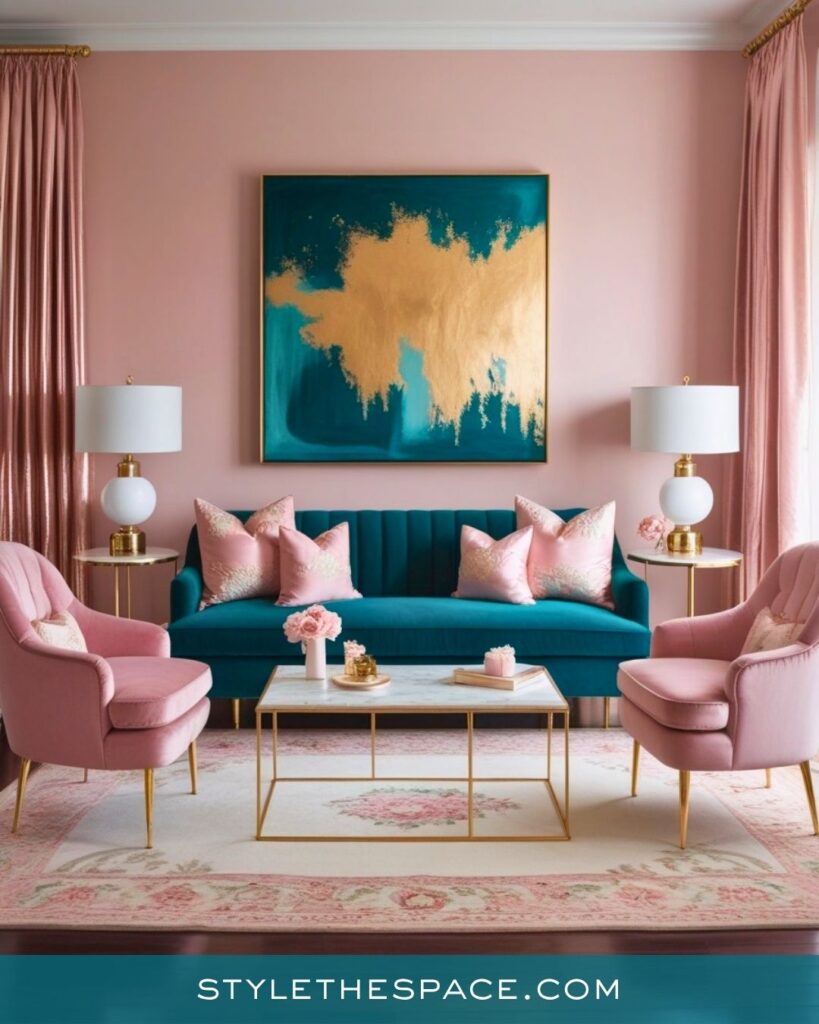 Teal and Blush Pink Elegant Living Room