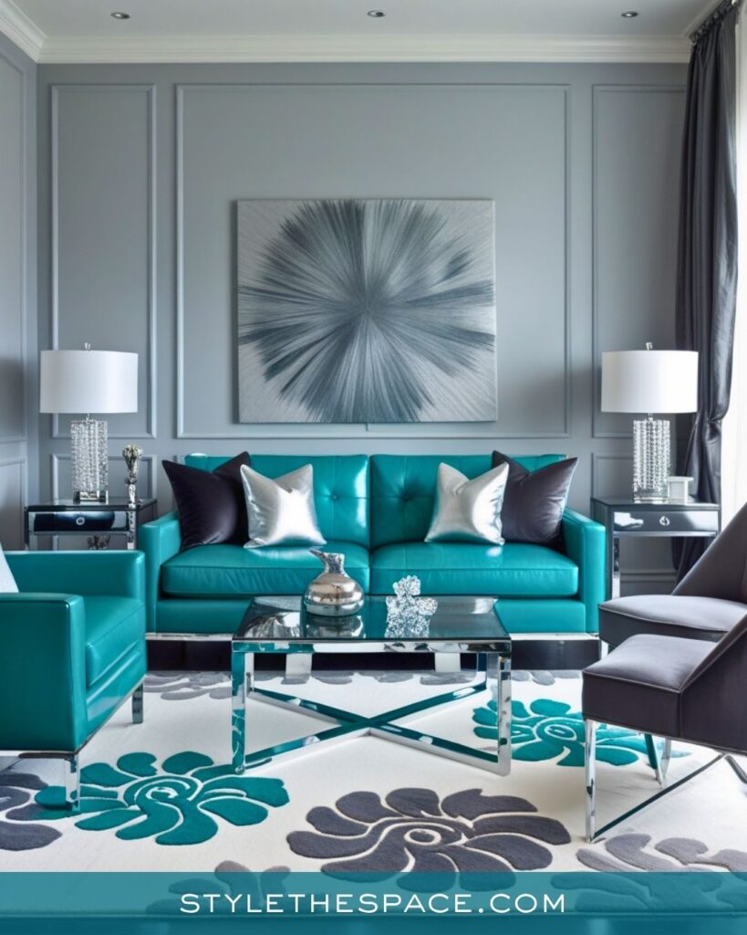 Teal and Silver Contemporary Living Room