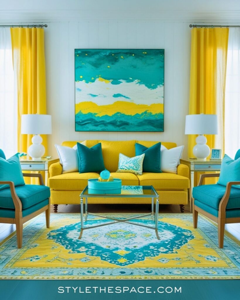 Vibrant Teal and Yellow Living Room Style