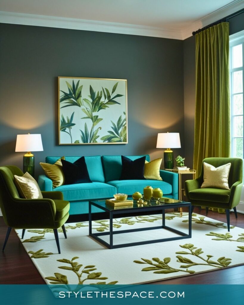 Teal and Olive Green Nature-Inspired Living Room