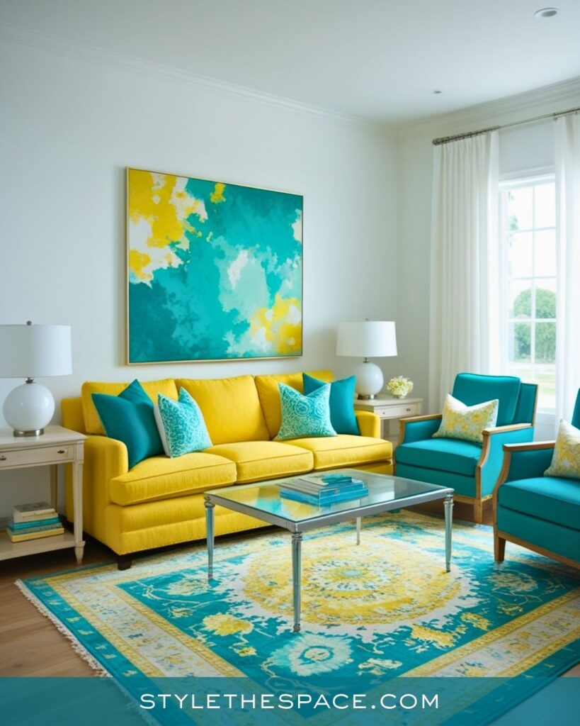 Bright Teal and Yellow Living Room Idea