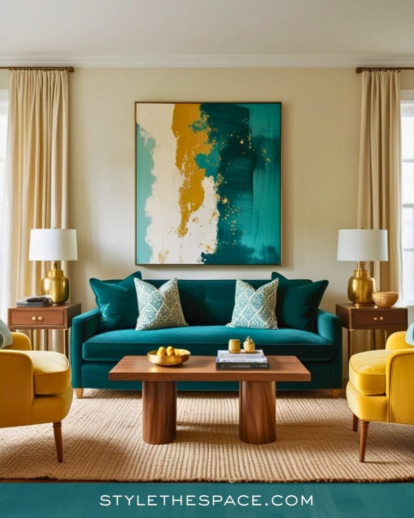 Warm Teal and Mustard Living Room Look
